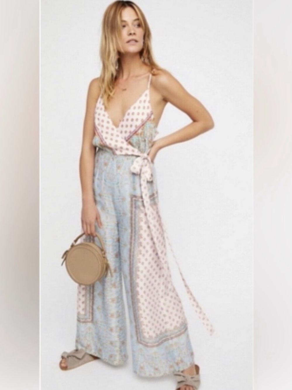 Free People Cabbage Rose Scarf Print Wide Leg Satin Jumpsuit Neutral Combo NWT